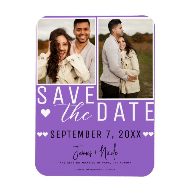 Modern Purple Save the Date 2 Photo Wedding Magnet (Vertical)