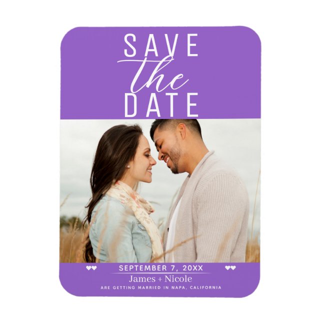 Modern Purple Save the Date Wedding Photo Magnet (Vertical)