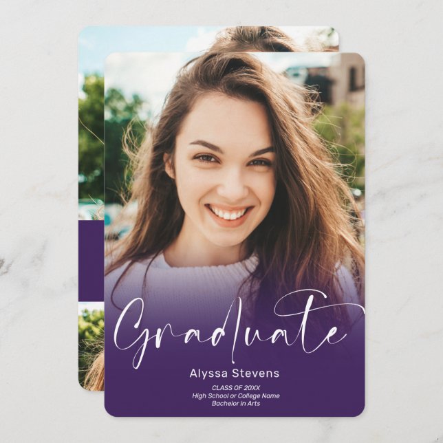 Modern purple script 4 photos graduation announcement (Front/Back)