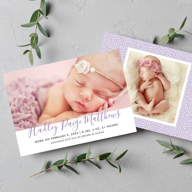Modern Purple Script Baby Girl Photo Birth Announcement (Creator Uploaded)
