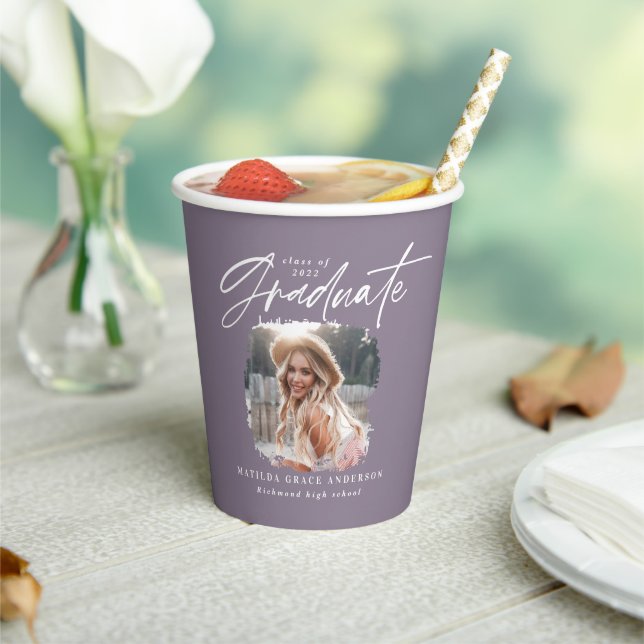 Modern purple script photo elegant graduation paper cups (Insitu)