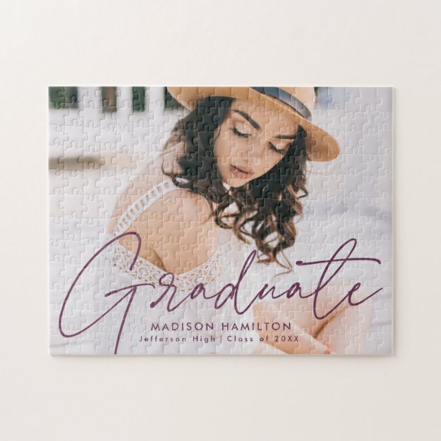 Modern Purple Script Photo Graduation Jigsaw Puzzle (Horizontal)