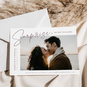Modern Purple Script Surprise Photo Engagement Announcement