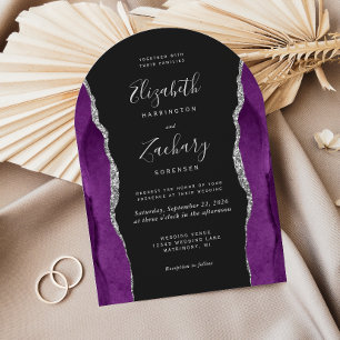 Modern Purple Silver Agate Dark Arch Wedding Invitation