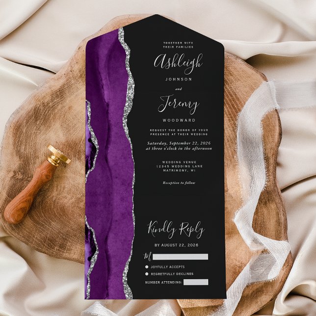 Modern Purple Silver Agate Dark Wedding All In One Invitation (Creator Uploaded)