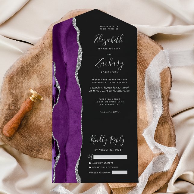 Modern Purple Silver Agate Dark Wedding All In One Invitation (Creator Uploaded)