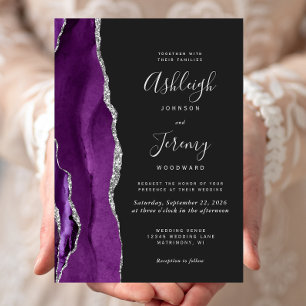 Modern Purple Silver Agate Dark Wedding Invitation