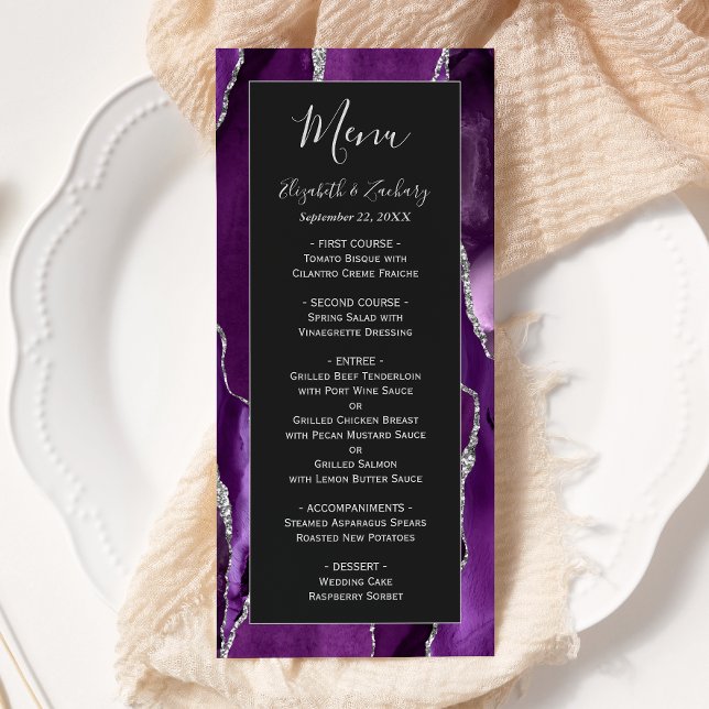 Modern Purple Silver Agate Dark Wedding Menu (Creator Uploaded)