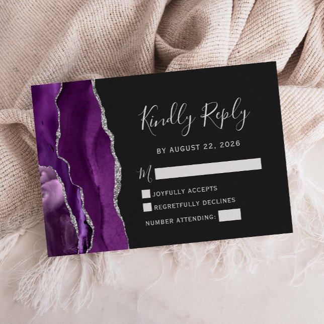 Modern Purple Silver Agate Dark Wedding RSVP Card (Creator Uploaded)