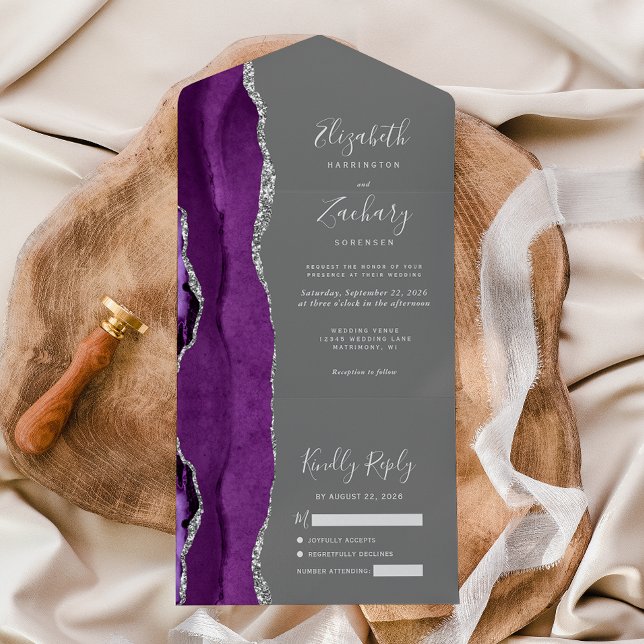 Modern Purple Silver Agate Grey Wedding All In One Invitation (Creator Uploaded)
