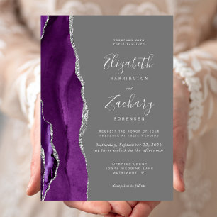 Modern Purple Silver Agate Grey Wedding Invitation