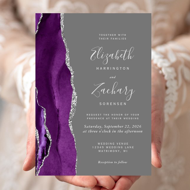 Modern Purple Silver Agate Grey Wedding Invitation (Creator Uploaded)