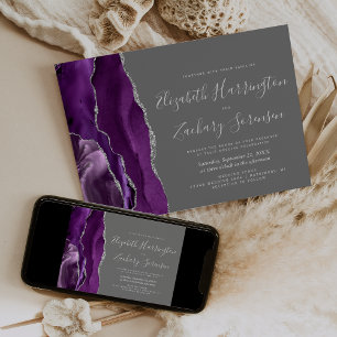 Modern Purple Silver Agate Grey Wedding Invitation
