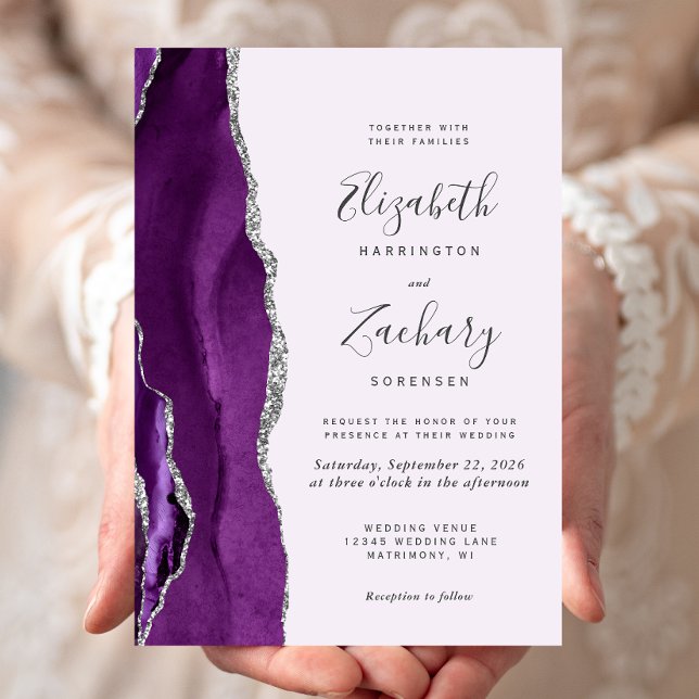 Modern Purple Silver Agate Lavender Wedding Invitation (Creator Uploaded)