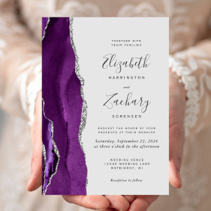 Modern Purple Silver Agate Pale Grey Wedding Invitation