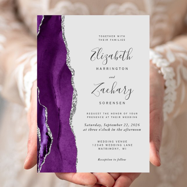 Modern Purple Silver Agate Pale Grey Wedding Invitation (Creator Uploaded)