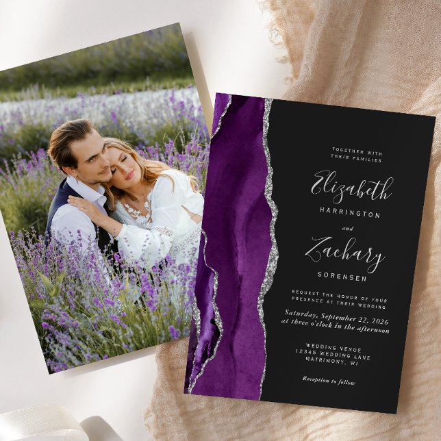 Modern Purple Silver Agate Photo Dark Wedding Invitation (Creator Uploaded)