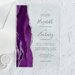 Modern Purple Silver Agate Wedding Acrylic Invitations<br><div class="desc">The left-hand edge of this elegant modern wedding invitation features a purple watercolor agate border trimmed with faux silver glitter. The customisable text combines handwriting,  copperplate and italic fonts in charcoal grey on a clear background.</div>