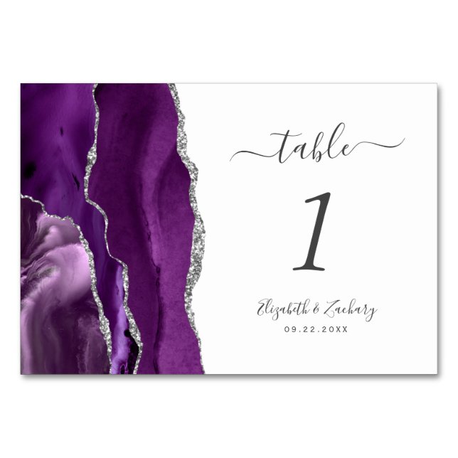 Modern Purple Silver Agate Wedding Table Number (Front)