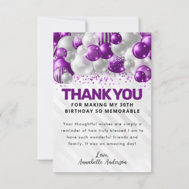 Modern Purple Silver Balloon Glam Glitter Birthday Thank You Card (Front)