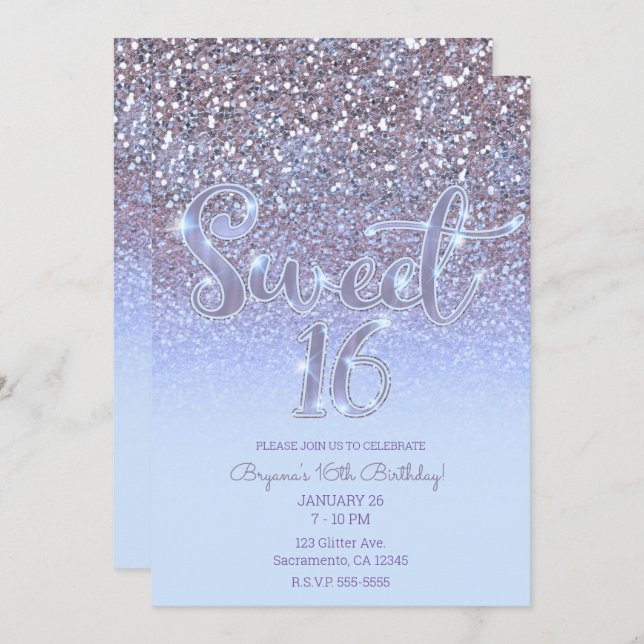 Modern Purple Silver Glam Glitter Sweet 16 Invitation (Front/Back)