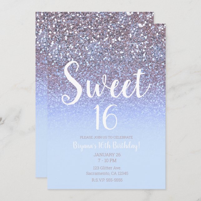 Modern Purple Silver Glam Glitter Sweet 16 Invitation (Front/Back)