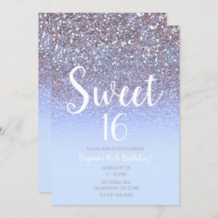 Modern Purple Silver Glam Glitter Sweet 16 Invitation