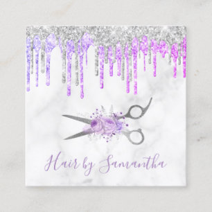 Modern purple & silver glitter drips marble hair square business card
