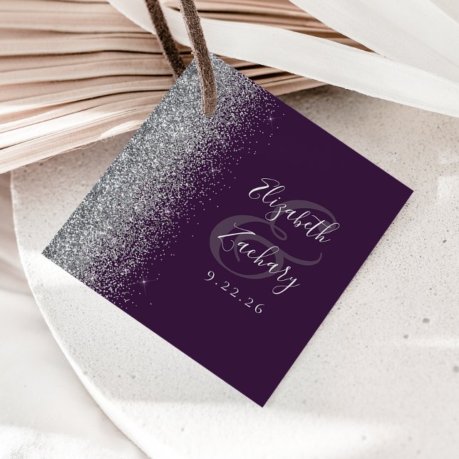 Modern Purple Silver Glitter Wedding Favour Tags (Creator Uploaded)