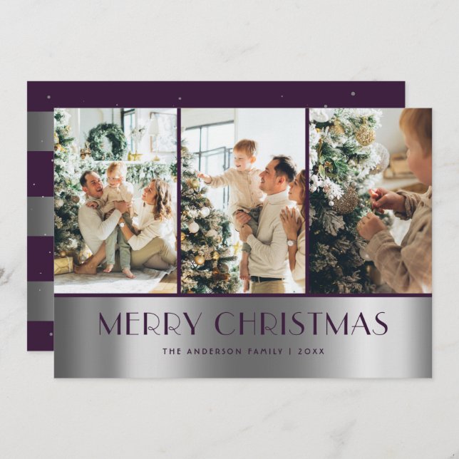 Modern Purple Silver Photo Collage Christmas Cards (Front/Back)