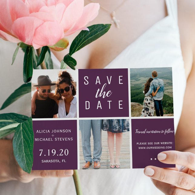Modern purple simple 3 photo collage wedding save the date (Creator Uploaded)