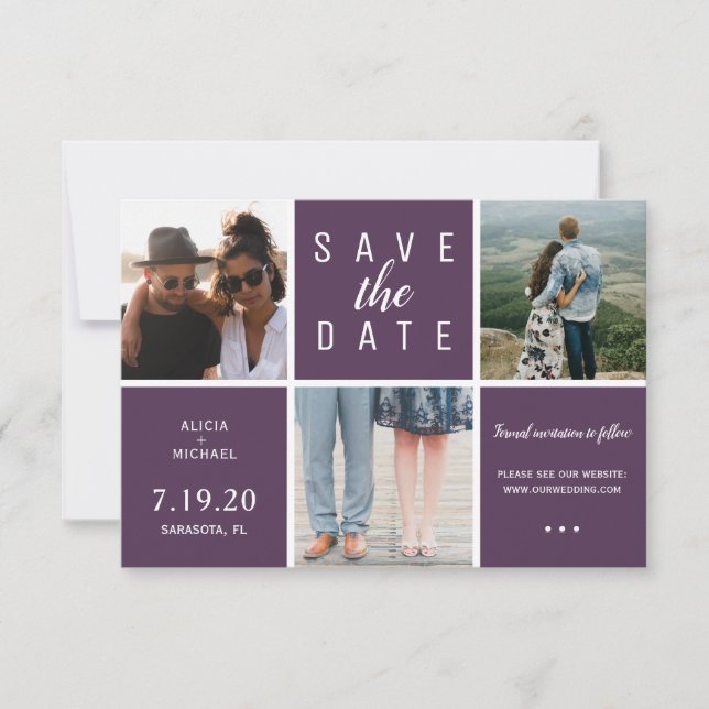 Modern purple simple 3 photo collage wedding save the date (Front)