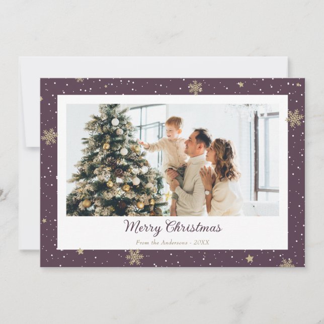 Modern Purple Snowflake Photo Merry Christmas Holiday Card (Front)