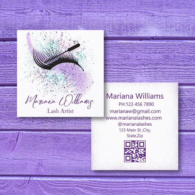 modern purple splashes lash artist qr code chic  square business card (Creator Uploaded)