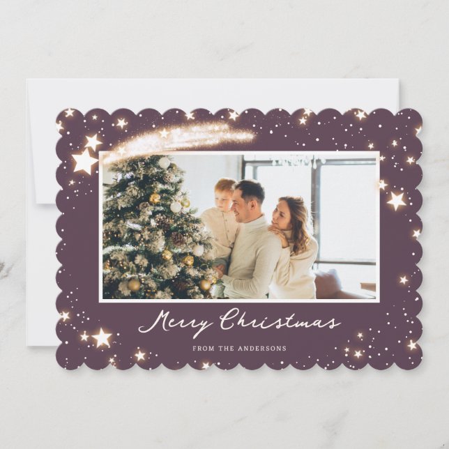 Modern Purple Stars Photo Merry Christmas Card (Front)