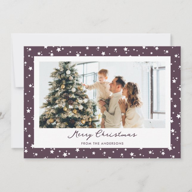 Modern Purple Stars Photo Merry Christmas Holiday Card (Front)