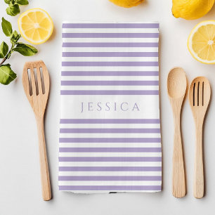Modern Purple Striped Pattern Name Tea Towel