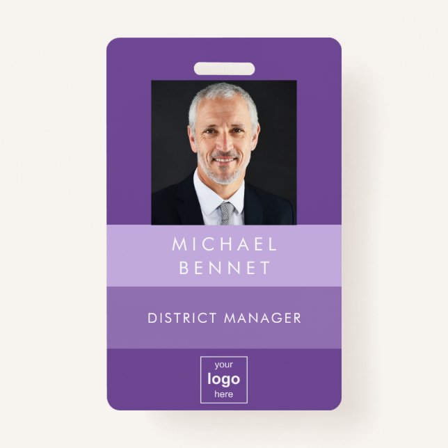 Modern Purple Stripes Corporate Photo ID  ID Badge (Front)