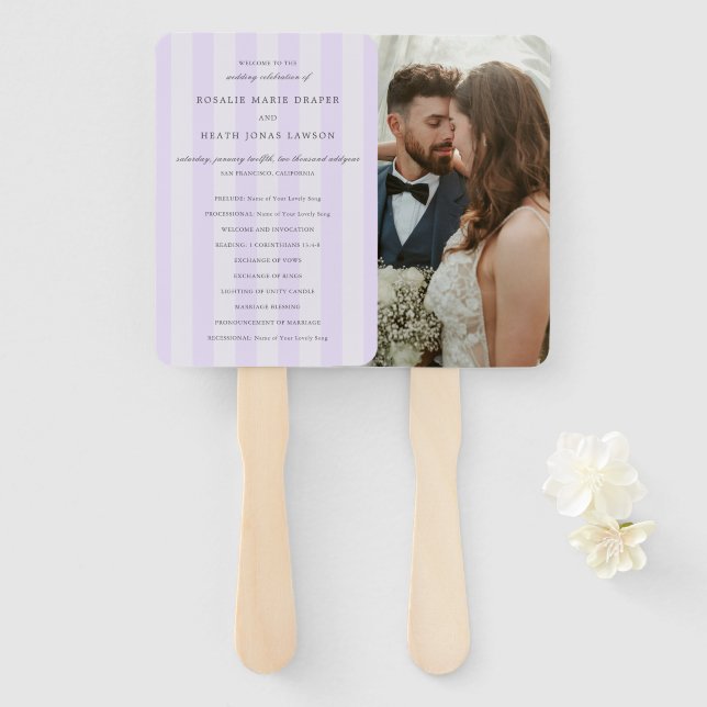 Modern Purple Stripes Elegant Wedding Program Hand Fan (Front and Back)