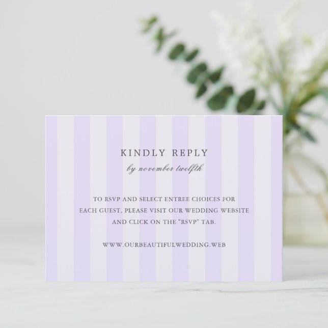 Modern Purple Stripes Elegant Wedding RSVP Card (Standing Front)