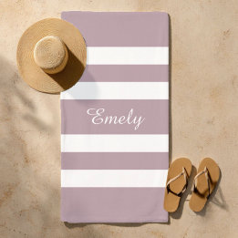 Modern Purple Stripes Name Beach Towel