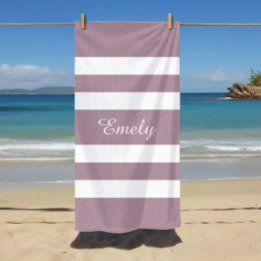 Modern Purple Stripes Name Beach Towel