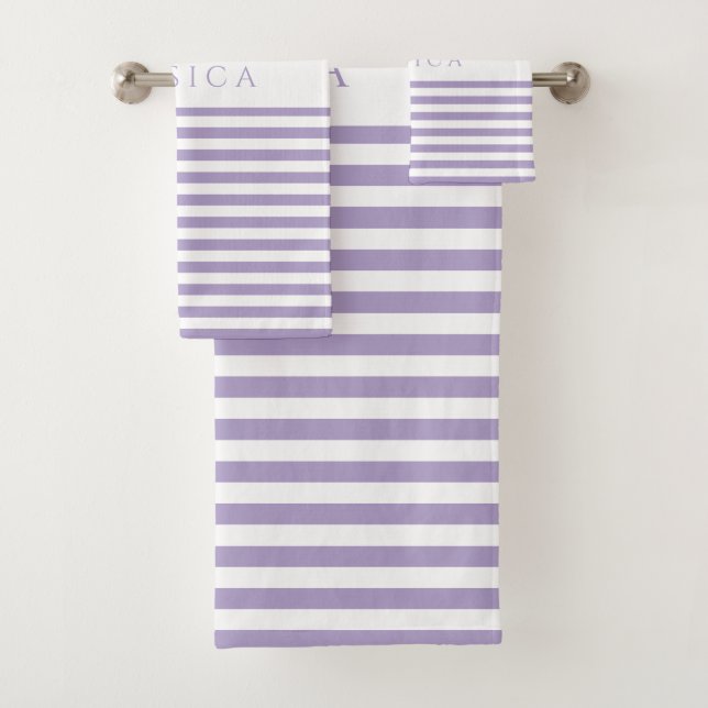 Modern Purple Stripes Pattern Name Bath Towel Set (Insitu)