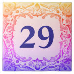 Modern Purple Sunset House Number Sign Ceramic Tile<br><div class="desc">"custom house number sign",  "personalised house number plaque",  "personal customised text plate",  "vibrant design ceramic tile",  "stylish glamourous glam",  "modern contemporary girly sunset",  "hot pink decorative ornate no",  "gold yellow orange purple",  "villa casa del della",  "fun funky damask abstract"</div>