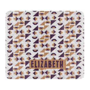 Modern Purple & Tan Geometric Art Custom Name Cutting Board