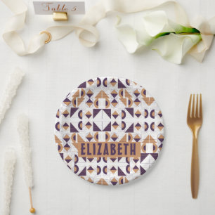 Modern Purple & Tan Geometric Art Custom Name Paper Plate
