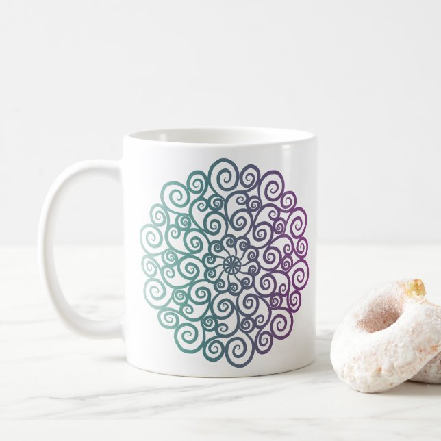 Modern purple teal floral mandala ombre coffee mug (With Donut)