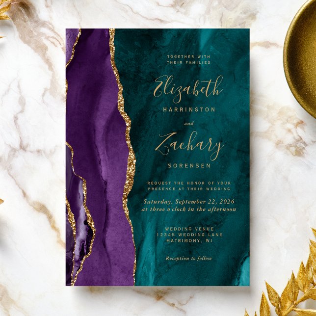 Modern Purple Teal Gold Agate Wedding Invitation (An elegant choice for a wedding with a purple and teal color palette.)