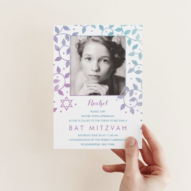 Modern Purple + Teal Photo Bat Mitzvah Invitations (Creator Uploaded)