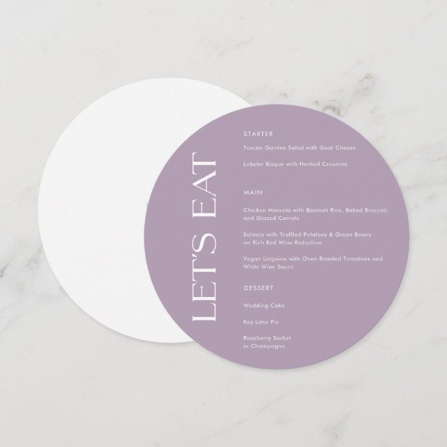 Modern Purple Typography Let's Eat Wedding Menu (Front/Back)